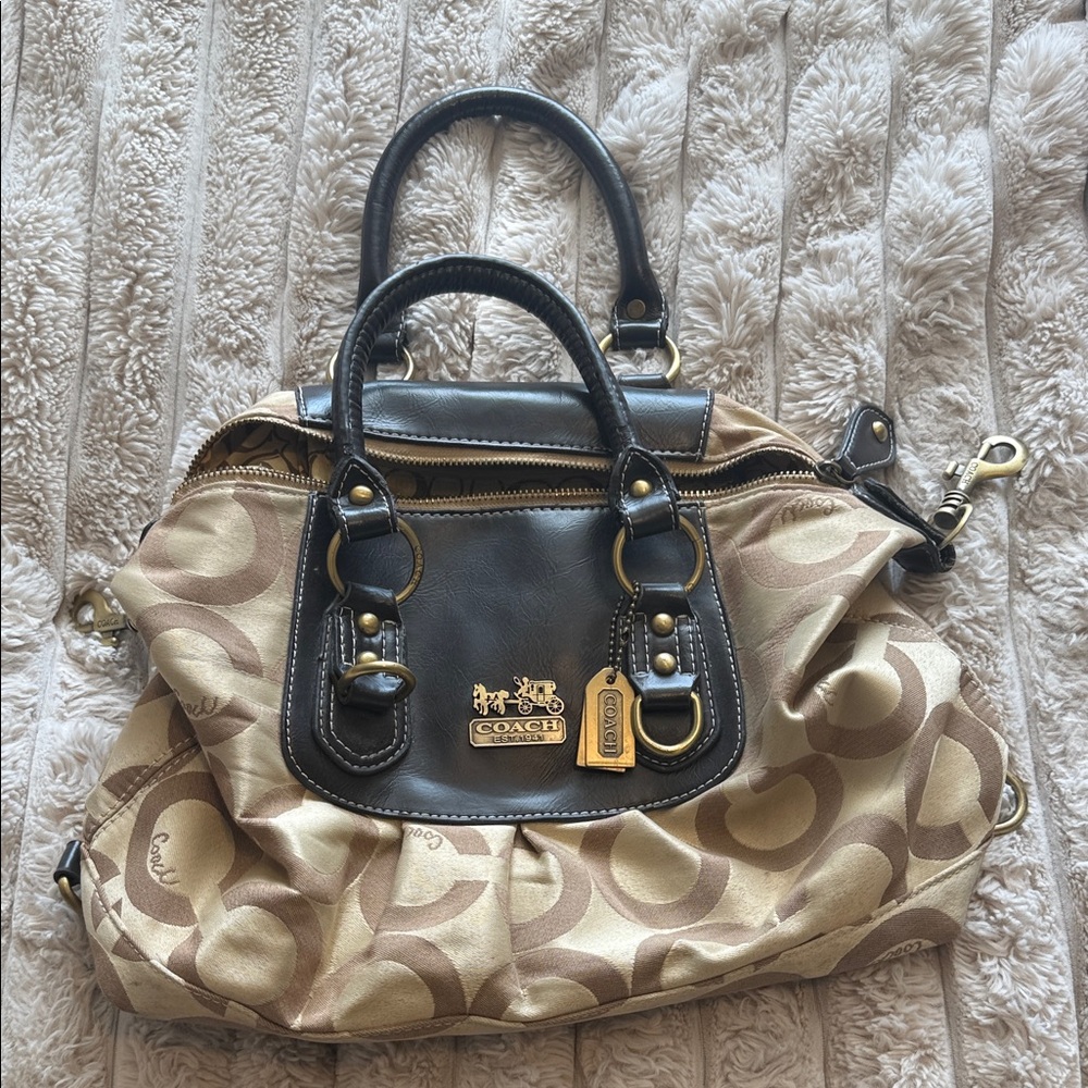 Coach Beige and Black Signature Satchel